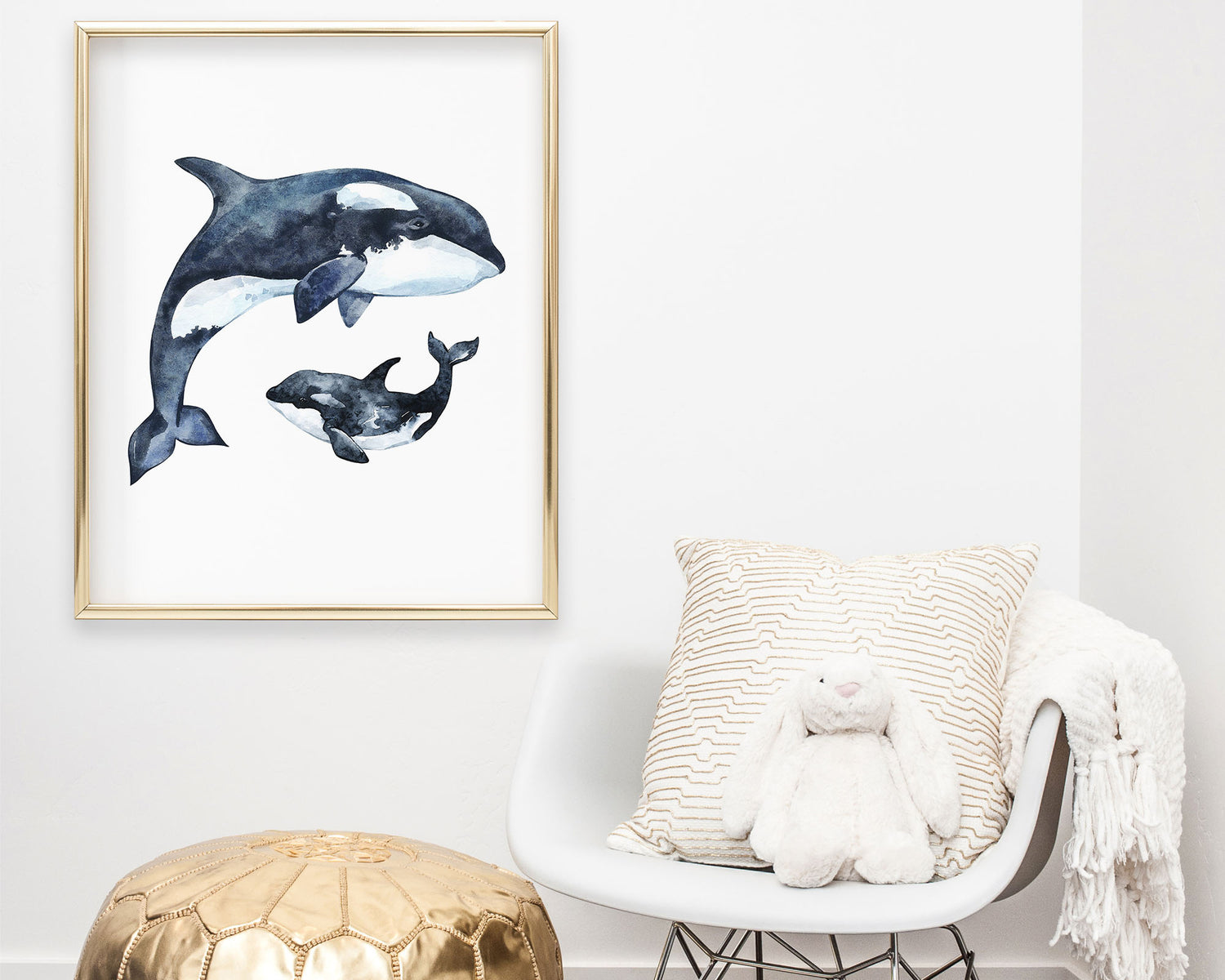 Watercolor Orca Whale Printable Wall Art featuring deep dark navy blue and black watercolor orca whale illustrations. Perfect for Baby Boy Ocean Nursery Decor, Baby Girl Coastal Nursery Wall Art or Nautical Kids Room Decor.
