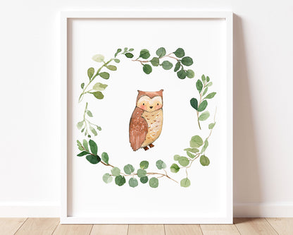 Watercolor Greenery Wreath Owl Printable Wall Art, Digital Download