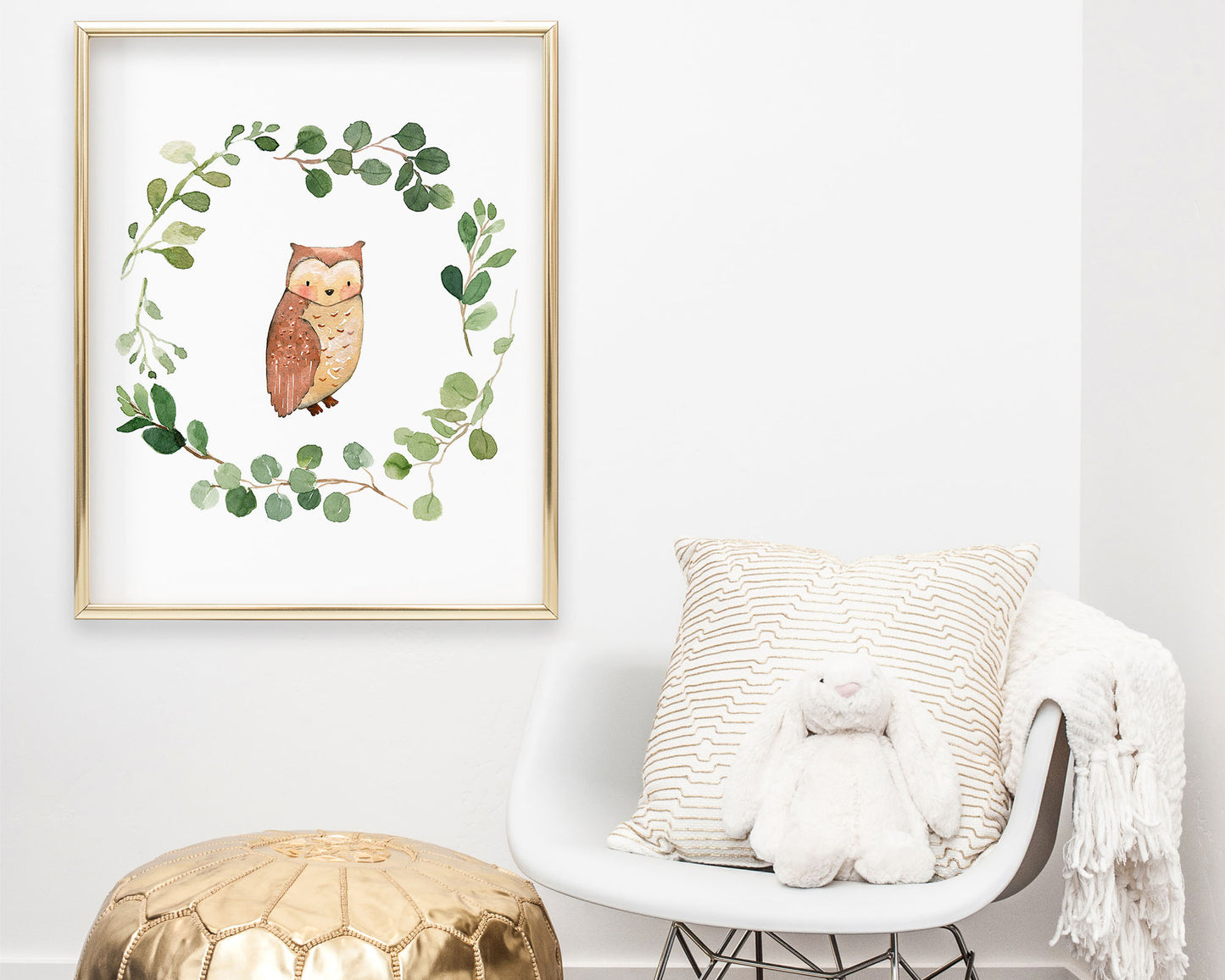 Watercolor Greenery Wreath Owl Printable Wall Art, Digital Download