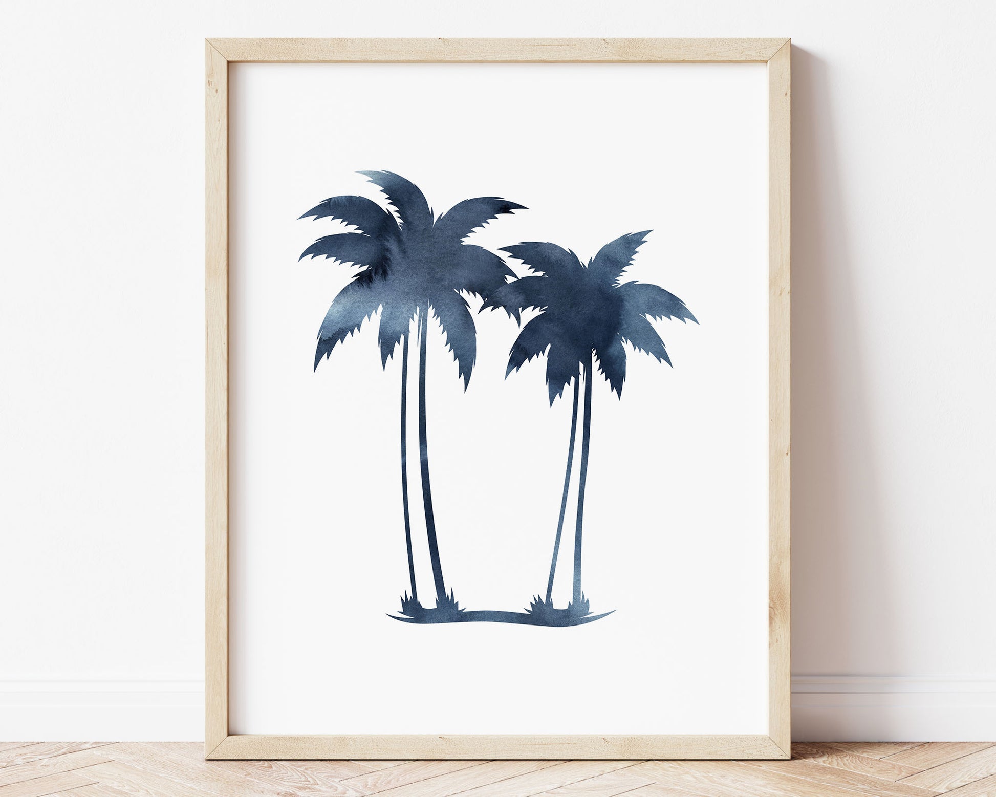 Watercolor Surf Themed Printable Wall Art featuring deep dark navy blue watercolor silhouettes of Palm Trees. Perfect for Baby Boy Surf Nursery Decor, Baby Girl Surfing Nursery Wall Art, Kids Coastal Bedroom Decor, Children's Beach Bathroom Wall Art or Hawaii Poster Playroom Decor.