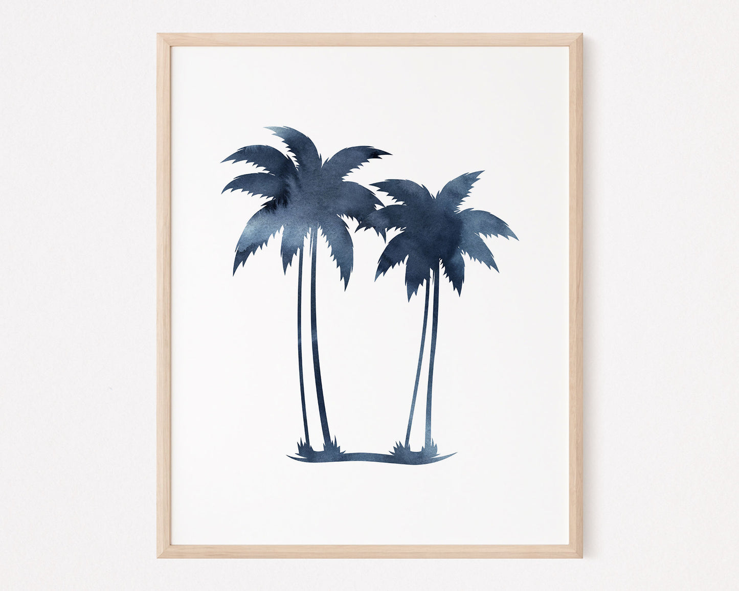 Watercolor Surf Themed Printable Wall Art featuring deep dark navy blue watercolor silhouettes of Palm Trees.