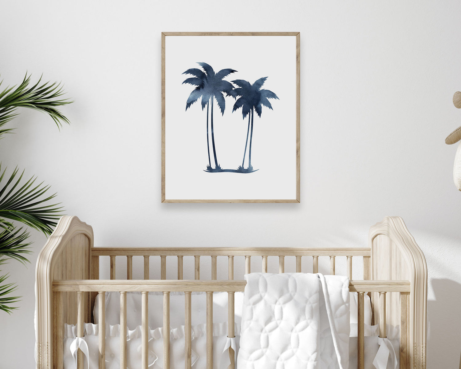 Watercolor Surf Themed Printable Wall Art featuring deep dark navy blue watercolor silhouettes of Palm Trees. Perfect for Baby Boy Surf Nursery Decor, Baby Girl Surfing Nursery Wall Art, Kids Coastal Bedroom Decor, Children's Beach Bathroom Wall Art or Hawaii Poster Playroom Decor.