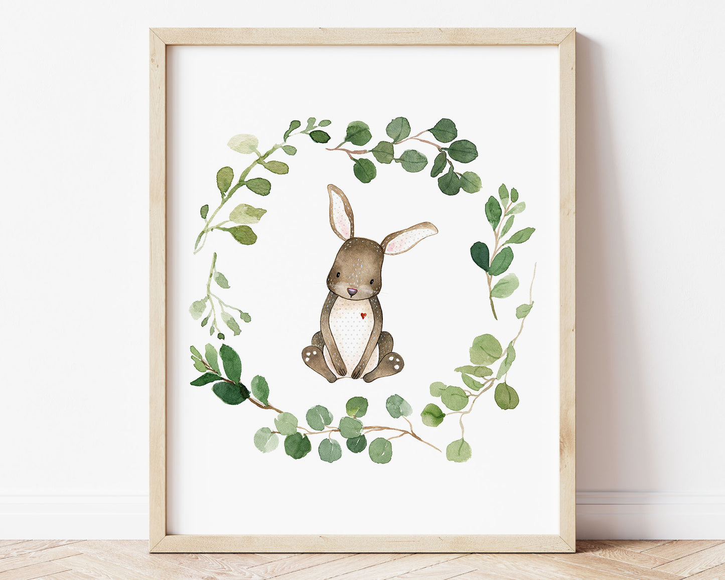 Watercolor Greenery Wreath Bunny Rabbit Printable Wall Art, Digital Download
