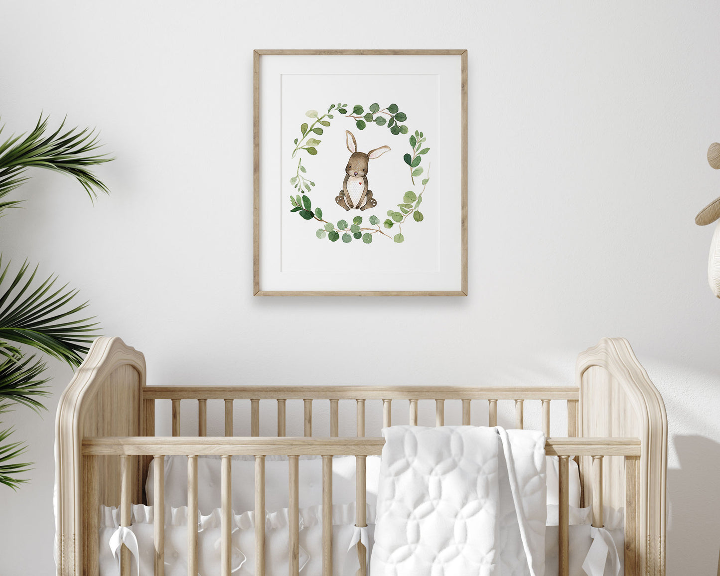 Watercolor Greenery Wreath Bunny Rabbit Printable Wall Art, Digital Download