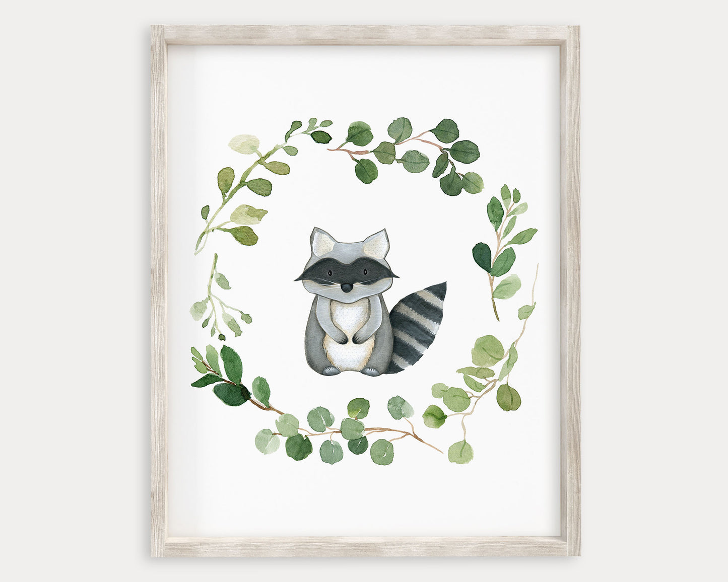 Watercolor Greenery Wreath Raccoon Printable Wall Art, Digital Download