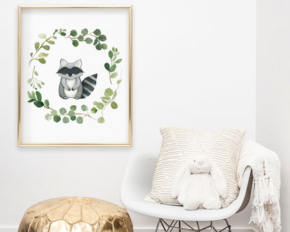 Watercolor Greenery Wreath Raccoon Printable Wall Art, Digital Download