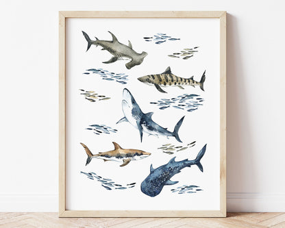 Watercolor Shark Printable Wall Art featuring hammerhead shark, great white shark, sand tiger shark, whale shark and fish. Perfect for Baby Boy Nautical Nursery Decor, Baby Girl Ocean Nursery Wall Art or Coastal Kids Room Decor.