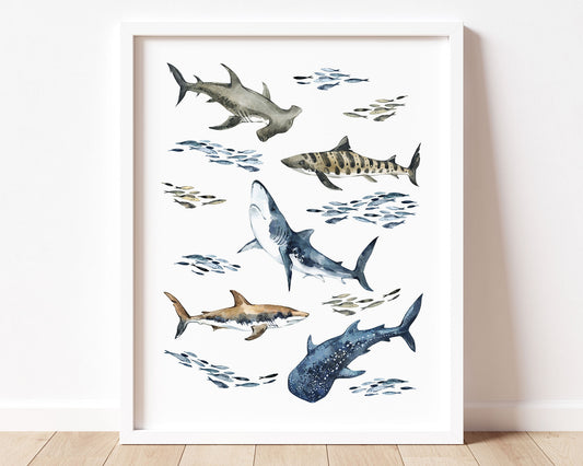 Watercolor Shark Printable Wall Art featuring hammerhead shark, great white shark, sand tiger shark, whale shark and fish. Perfect for Baby Boy Nautical Nursery Decor, Baby Girl Ocean Nursery Wall Art or Coastal Kids Room Decor.
