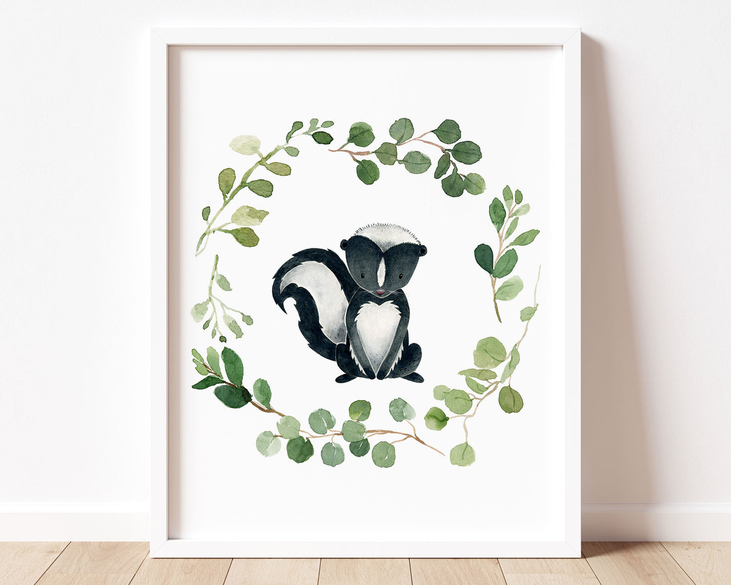 Watercolor Greenery Wreath Skunk Printable Wall Art, Digital Download