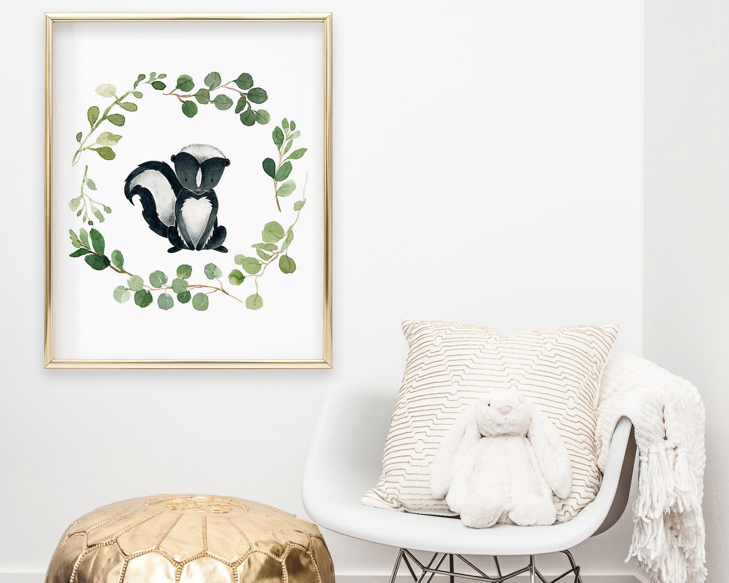 Watercolor Greenery Wreath Skunk Printable Wall Art, Digital Download
