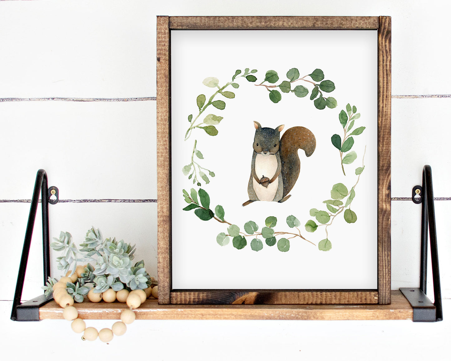 Watercolor Greenery Wreath Squirrel Printable Wall Art, Digital Download