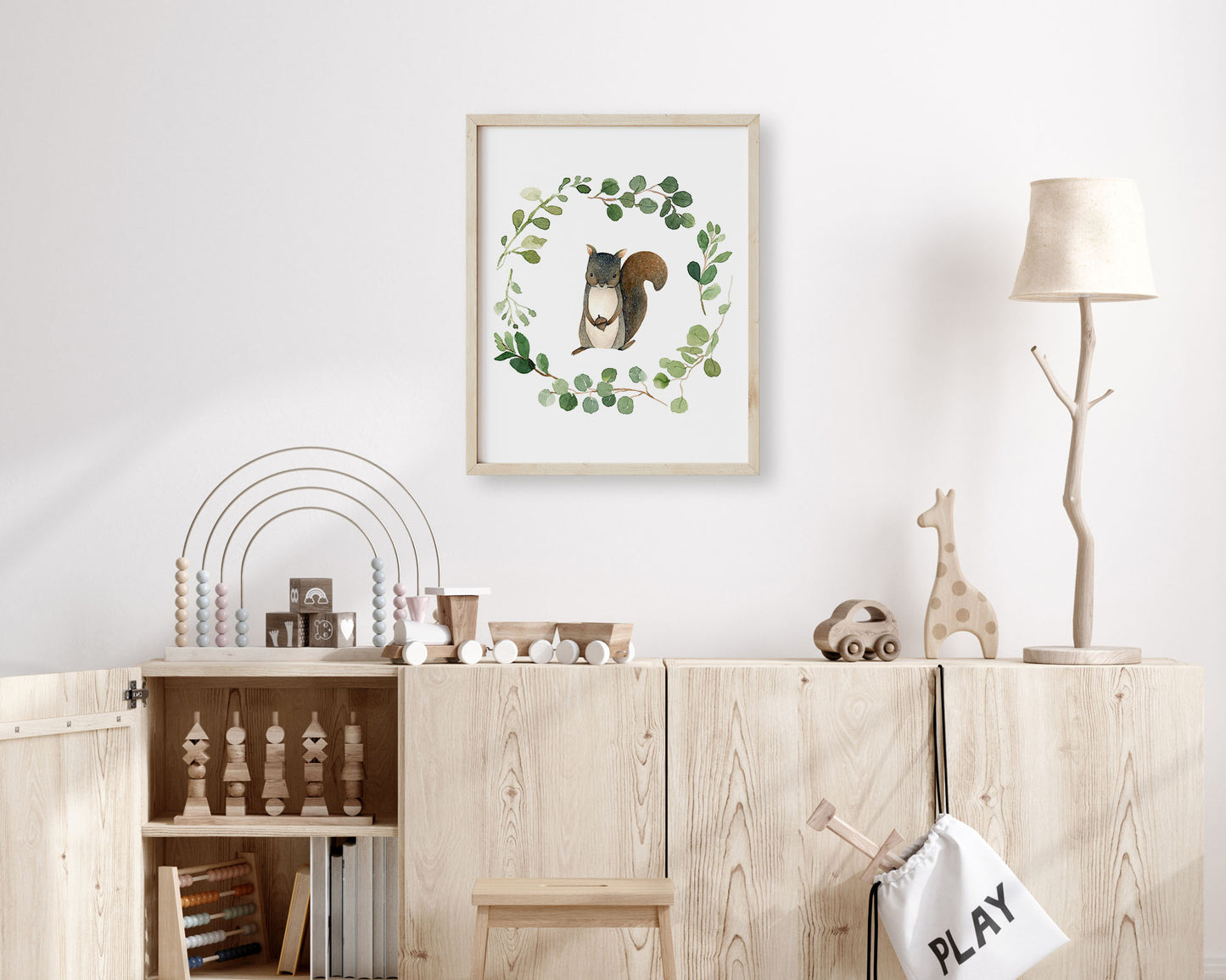 Watercolor Greenery Wreath Squirrel Printable Wall Art, Digital Download