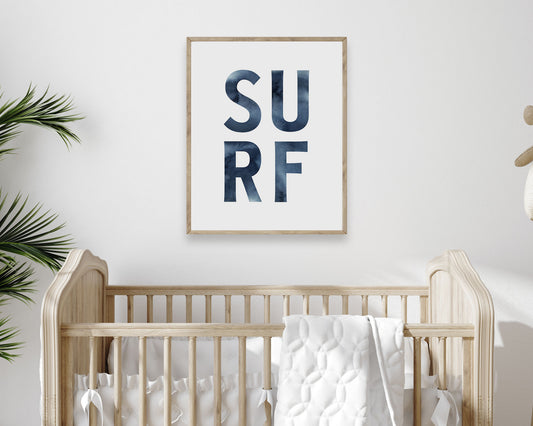 Watercolor Surf Typography Instant Download Digital File featuring deep dark navy blue watercolor SURF letters. Perfect for Baby Boy Surf Nursery Decor, Baby Girl Surf Nursery Wall Art, Kids Coastal Bedroom Decor or Children's Beach Bathroom Wall Art or Playroom Decor.