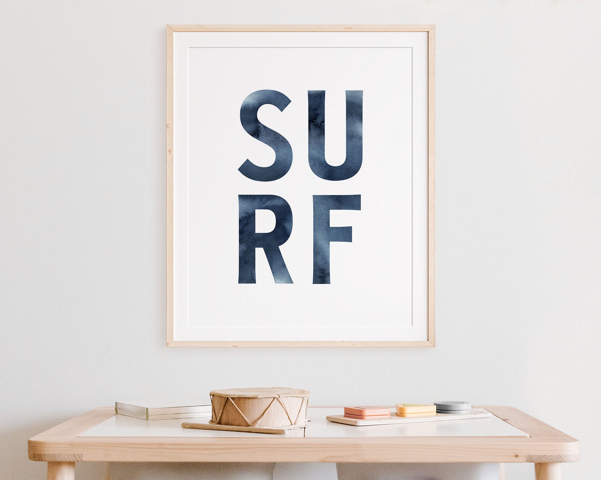 Watercolor Surf Typography Instant Download Digital File featuring deep dark navy blue watercolor SURF letters. 