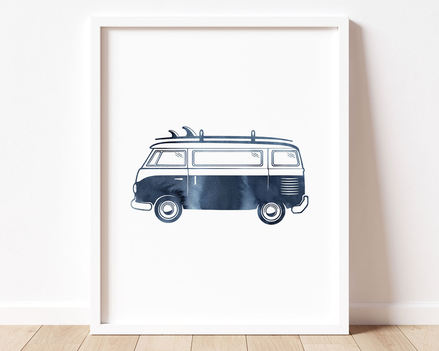 Watercolor Surf Van Printable Wall Art featuring navy blue watercolor illustration of a retro van with a surfboard on top. Perfect for Baby Boy Surf Nursery Decor, Baby Girl Surf Nursery Wall Art, Kids Coastal Bedroom Decor, Children's Beach Bathroom Wall Art or California Beach Wall Art Playroom Decor.