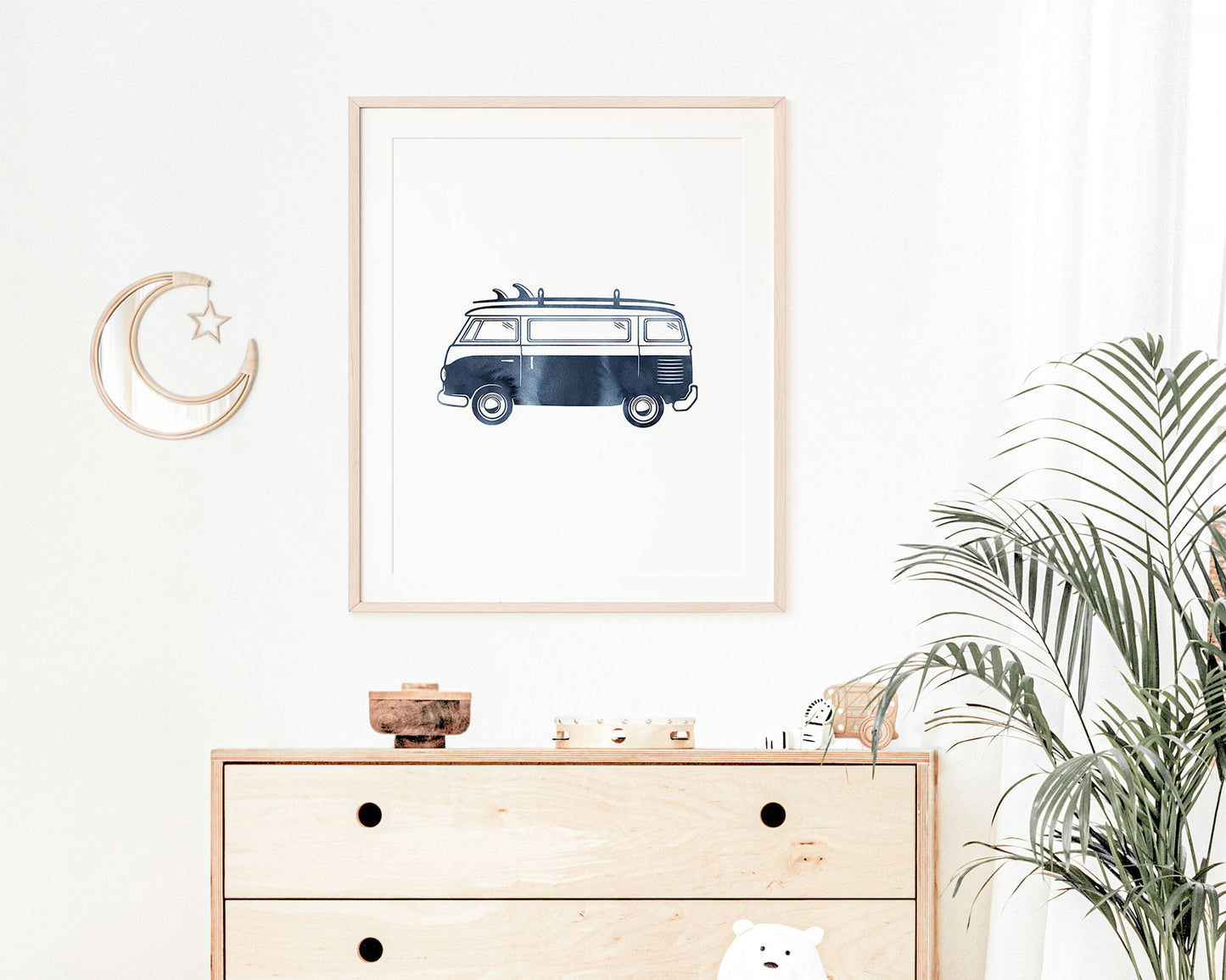 Watercolor Surf Van Printable Wall Art featuring navy blue watercolor illustration of a retro van with a surfboard on top.