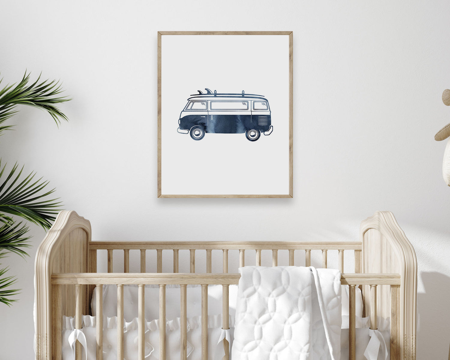Watercolor Surf Van Printable Wall Art featuring navy blue watercolor illustration of a retro van with a surfboard on top. Perfect for Baby Boy Surf Nursery Decor, Baby Girl Surf Nursery Wall Art, Kids Coastal Bedroom Decor, Children's Beach Bathroom Wall Art or California Beach Wall Art Playroom Decor.