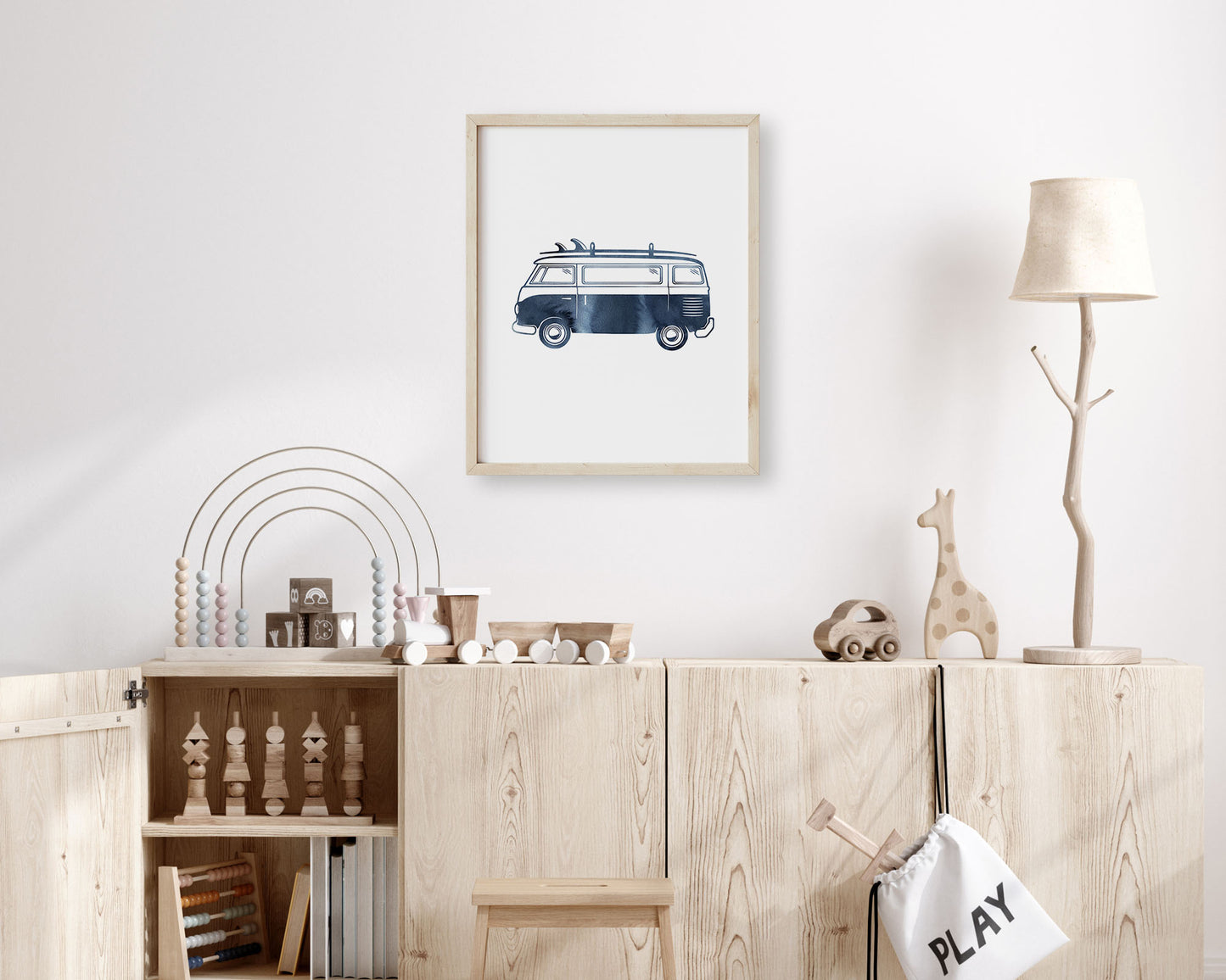 Watercolor Surf Van Printable Wall Art featuring navy blue watercolor illustration of a retro van with a surfboard on top.