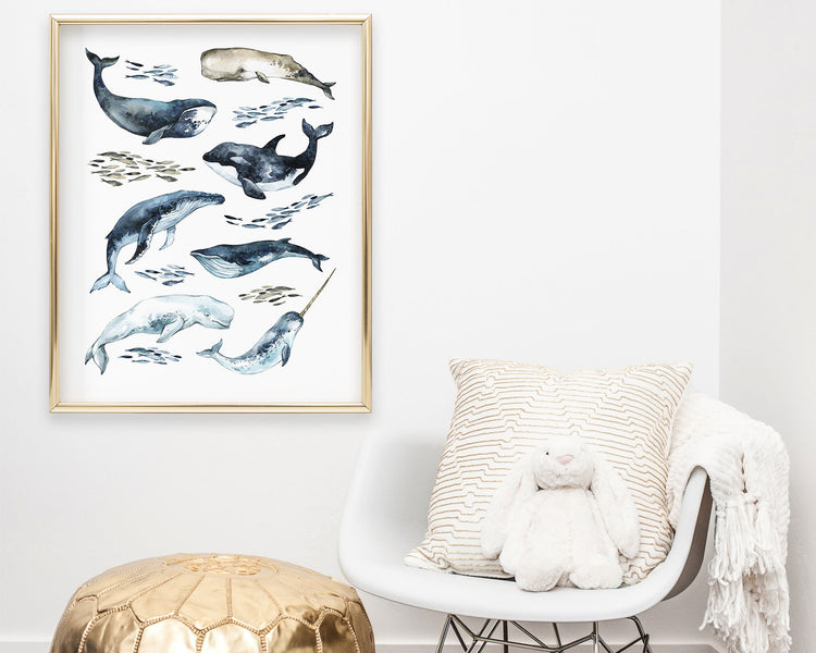 Watercolor Whale Printable Wall Art featuring orca, beluga, narwhal, humpback whales and more! Perfect for Baby Boy Ocean Nursery Decor, Baby Girl Coastal Nursery Wall Art or Nautical Kids Room Decor.