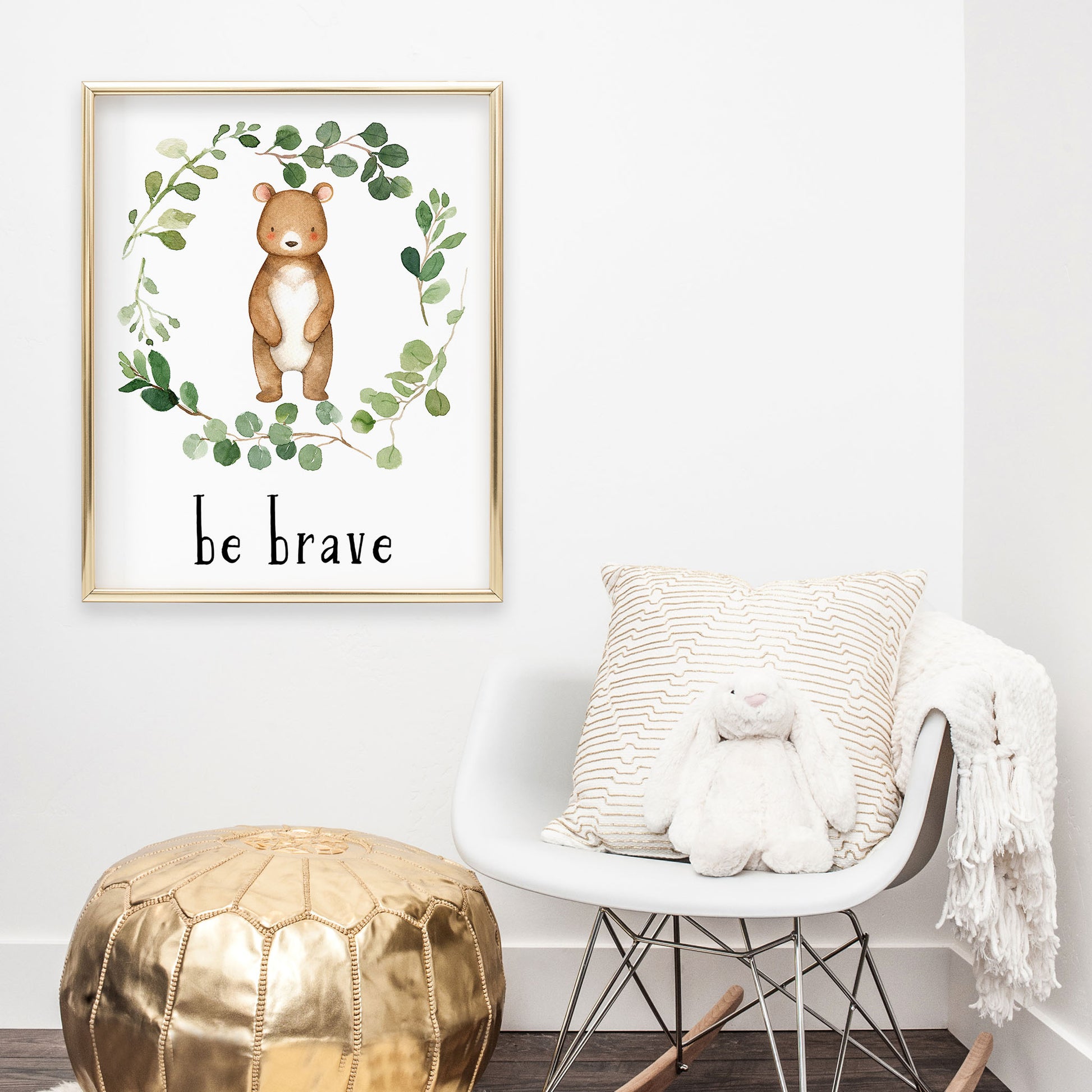 Watercolor Bear in a Eucalyptus Greenery Wreath with inspirational quote 'Be Brave ' in black lowercase lettering. Gender neutral instant download digital wall art print.