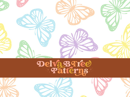 Faded pastel rainbow and white butterfly seamless file for fabric printing. Simple Bugs Repeat Pattern for textiles, polymailers, baby boy lovey blankets, nursery crib bedding, kids clothing, girls hair accessories, home decor accents, pet products.