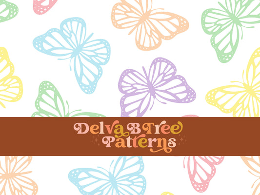 Faded pastel rainbow and white butterfly seamless file for fabric printing. Simple Bugs Repeat Pattern for textiles, polymailers, baby boy lovey blankets, nursery crib bedding, kids clothing, girls hair accessories, home decor accents, pet products.