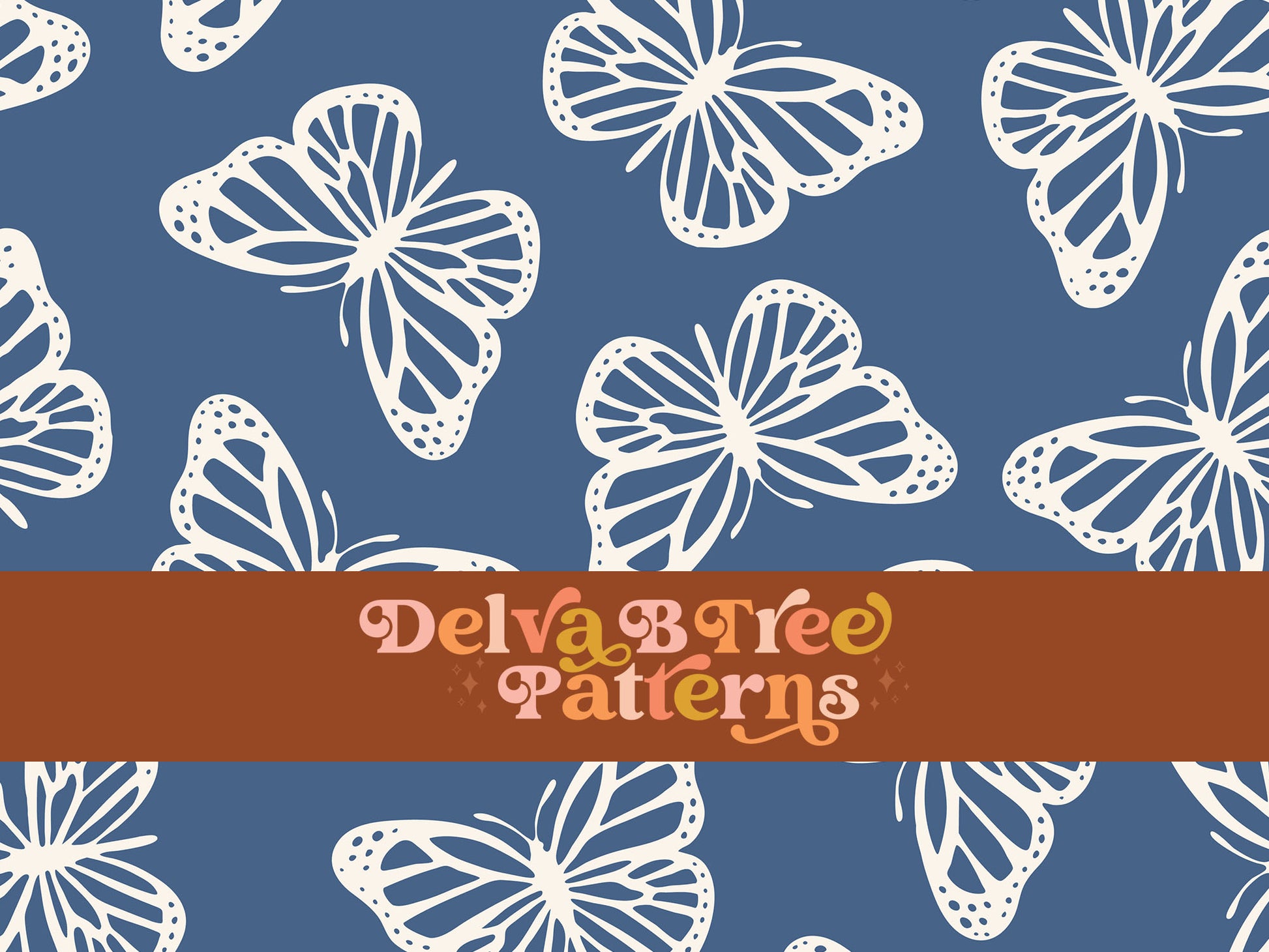 Federal blue and off white butterfly seamless file for fabric printing. Simple Bugs Repeat Pattern for textiles, polymailers, baby boy lovey blankets, nursery crib bedding, kids clothing, girls hair accessories, home decor accents, pet products.