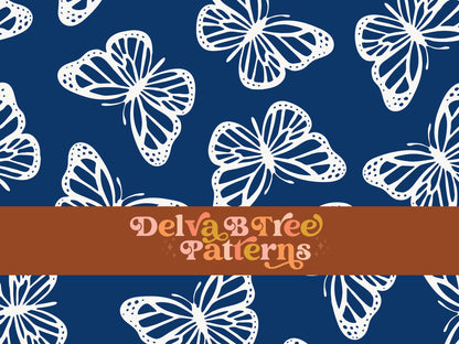 Preppy teal blue and white butterfly seamless file for fabric printing. Simple Bugs Repeat Pattern for textiles, polymailers, baby boy lovey blankets, nursery crib bedding, kids clothing, girls hair accessories, home decor accents, pet products.