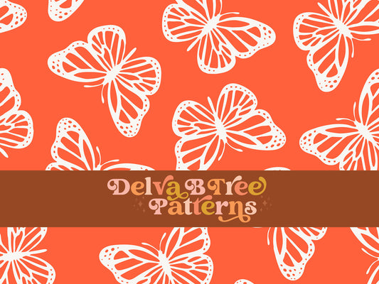 Preppy orange and white butterfly seamless file for fabric printing. Simple Bugs Repeat Pattern for textiles, polymailers, baby boy lovey blankets, nursery crib bedding, kids clothing, girls hair accessories, home decor accents, pet products.