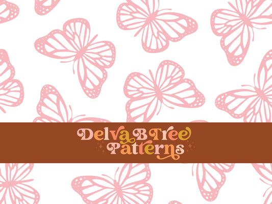 Faded pastel pink and white butterfly seamless file for fabric printing. Simple Bugs Repeat Pattern for textiles, polymailers, baby boy lovey blankets, nursery crib bedding, kids clothing, girls hair accessories, home decor accents, pet products.