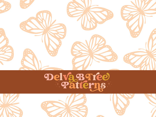 Faded pastel orange and white butterfly seamless file for fabric printing. Simple Bugs Repeat Pattern for textiles, polymailers, baby boy lovey blankets, nursery crib bedding, kids clothing, girls hair accessories, home decor accents, pet products.