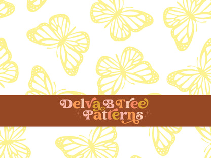 Faded pastel yellow and white butterfly seamless file for fabric printing. Simple Bugs Repeat Pattern for textiles, polymailers, baby boy lovey blankets, nursery crib bedding, kids clothing, girls hair accessories, home decor accents, pet products.