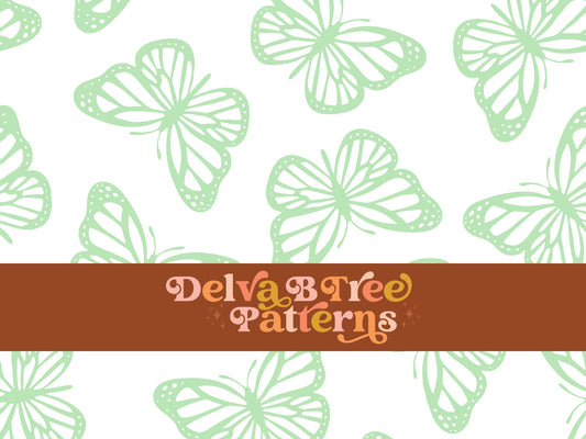 Faded pastel green and white butterfly seamless file for fabric printing. Simple Bugs Repeat Pattern for textiles, polymailers, baby boy lovey blankets, nursery crib bedding, kids clothing, girls hair accessories, home decor accents, pet products.