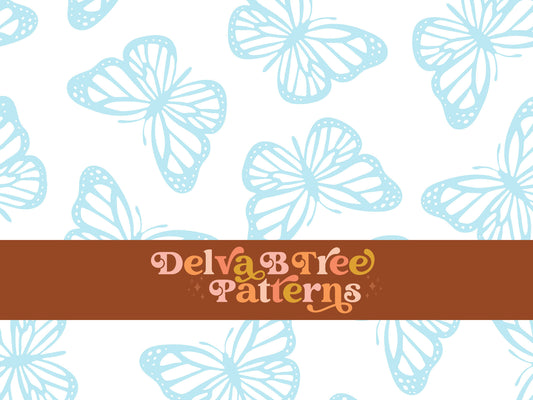 Faded pastel blue and white butterfly seamless file for fabric printing. Simple Bugs Repeat Pattern for textiles, polymailers, baby boy lovey blankets, nursery crib bedding, kids clothing, girls hair accessories, home decor accents, pet products.