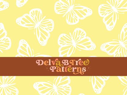 Faded pastel yellow and white butterfly seamless file for fabric printing. Simple Bugs Repeat Pattern for textiles, polymailers, baby boy lovey blankets, nursery crib bedding, kids clothing, girls hair accessories, home decor accents, pet products.