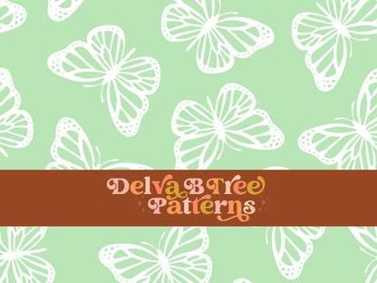 Faded pastel green and white butterfly seamless file for fabric printing. Simple Bugs Repeat Pattern for textiles, polymailers, baby boy lovey blankets, nursery crib bedding, kids clothing, girls hair accessories, home decor accents, pet products.