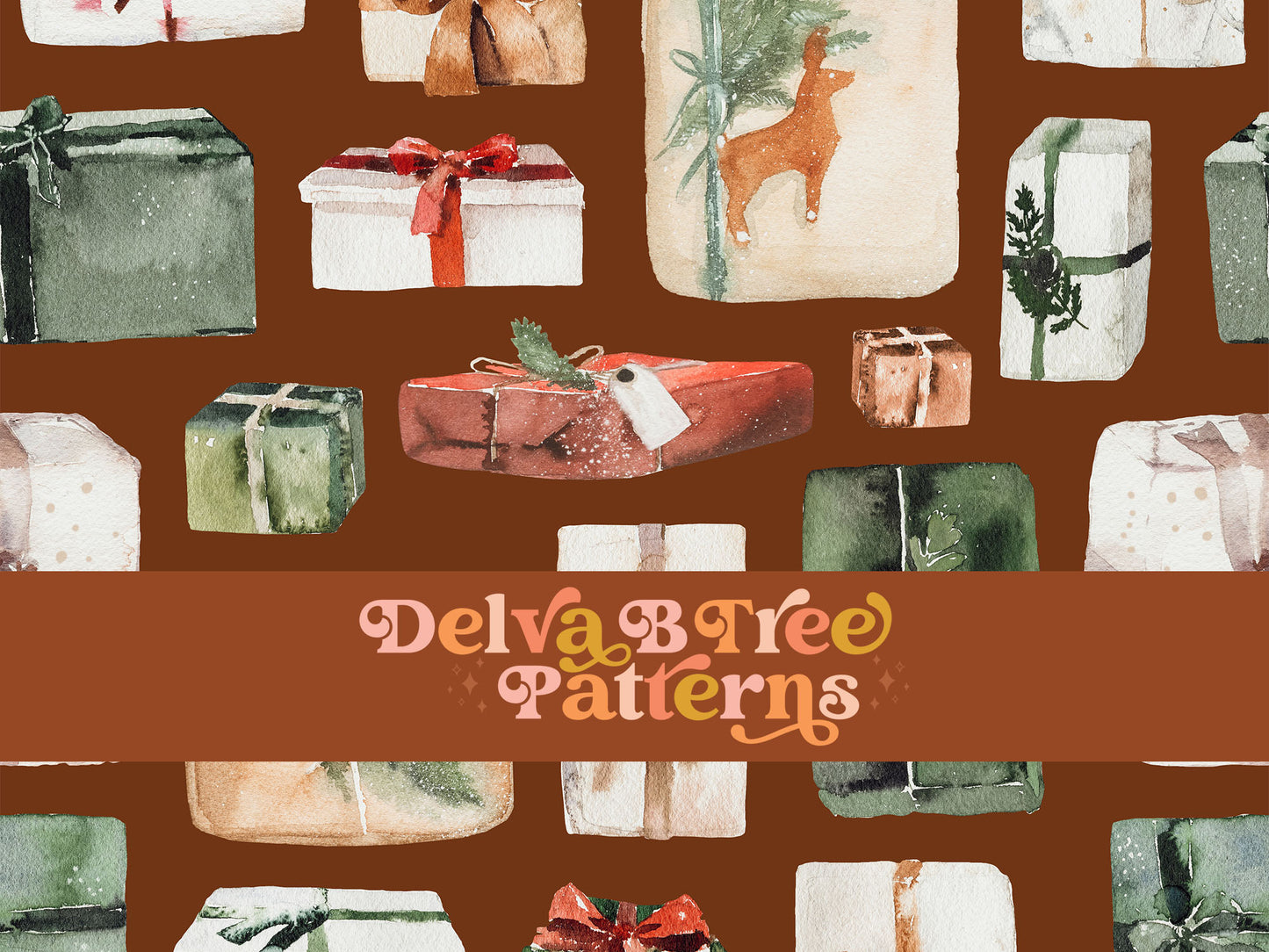 Watercolor Christmas Presents, Holiday Packages and Ribbon Bows seamless pattern digital file for small shops that make handmade products in small batches.