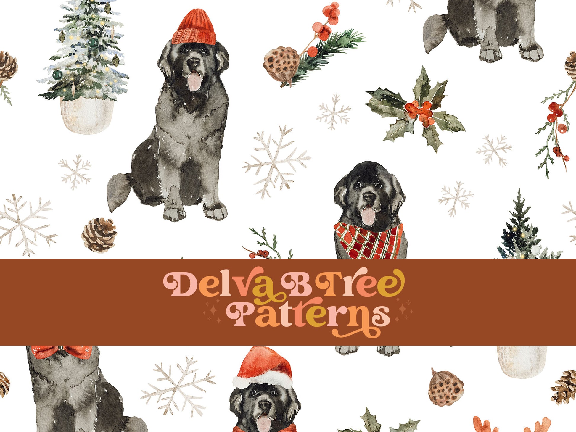 Watercolor Newfoundland Christmas Dogs seamless pattern digital file for small shops that make handmade products in small batches.