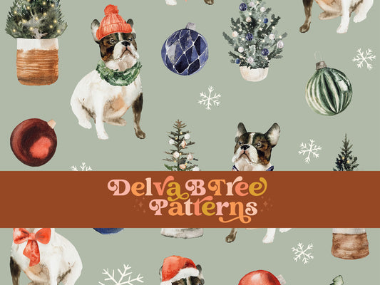Watercolor French Bulldogs Christmas Dogs seamless pattern digital file for small shops that make handmade products in small batches.