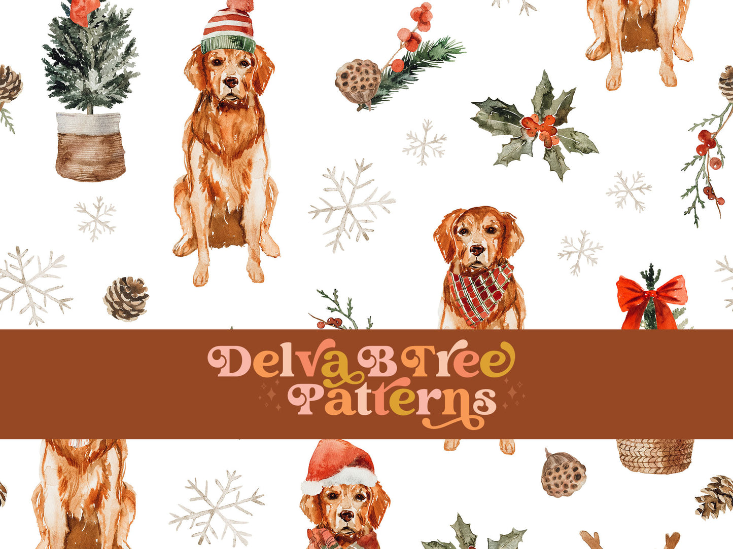 Watercolor Golden Retriever Christmas Dogs seamless pattern digital file for small shops that make handmade products in small batches.