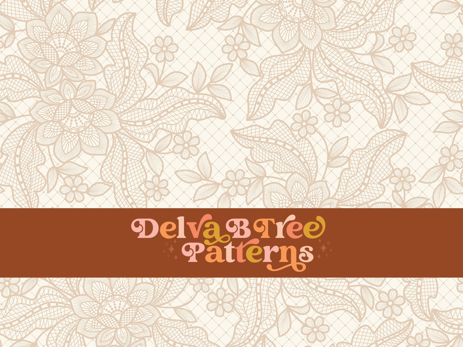 Neutral Tan flowers, leaves and faux lace netting on an off white / ivory / cream background seamless file for fabric printing. Dainty, delicate, feminine, romantic Floral Repeat Pattern for textiles, polymailers, baby girl lovey blankets, nursery crib bedding, kids clothing, girls hair accessories, home decor accents, pet products.