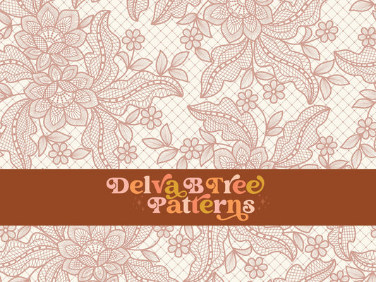 Dusty Rose flowers, leaves and faux lace netting on an off white / ivory / cream background seamless file for fabric printing. Dainty, delicate, feminine, romantic Floral Repeat Pattern for textiles, polymailers, baby girl lovey blankets, nursery crib bedding, kids clothing, girls hair accessories, home decor accents, pet products.