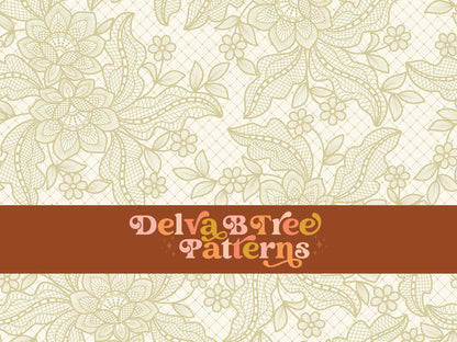 Dusty Yellow flowers, leaves and faux lace netting on an off white / ivory / cream background seamless file for fabric printing. Dainty, delicate, feminine, romantic Floral Repeat Pattern for textiles, polymailers, baby girl lovey blankets, nursery crib bedding, kids clothing, girls hair accessories, home decor accents, pet products.