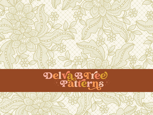 Dusty Yellow flowers, leaves and faux lace netting on an off white / ivory / cream background seamless file for fabric printing. Dainty, delicate, feminine, romantic Floral Repeat Pattern for textiles, polymailers, baby girl lovey blankets, nursery crib bedding, kids clothing, girls hair accessories, home decor accents, pet products.