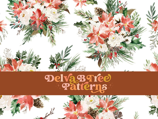 Watercolor Christmas Flowers seamless pattern digital file for small shops that make handmade products in small batches.