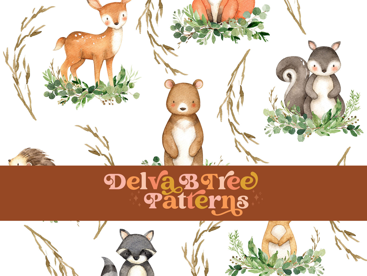 Watercolor Woodland Animals and botanical greenery eucalyptus leaves and tree branches seamless pattern digital file for small shops that make handmade products in small batches.