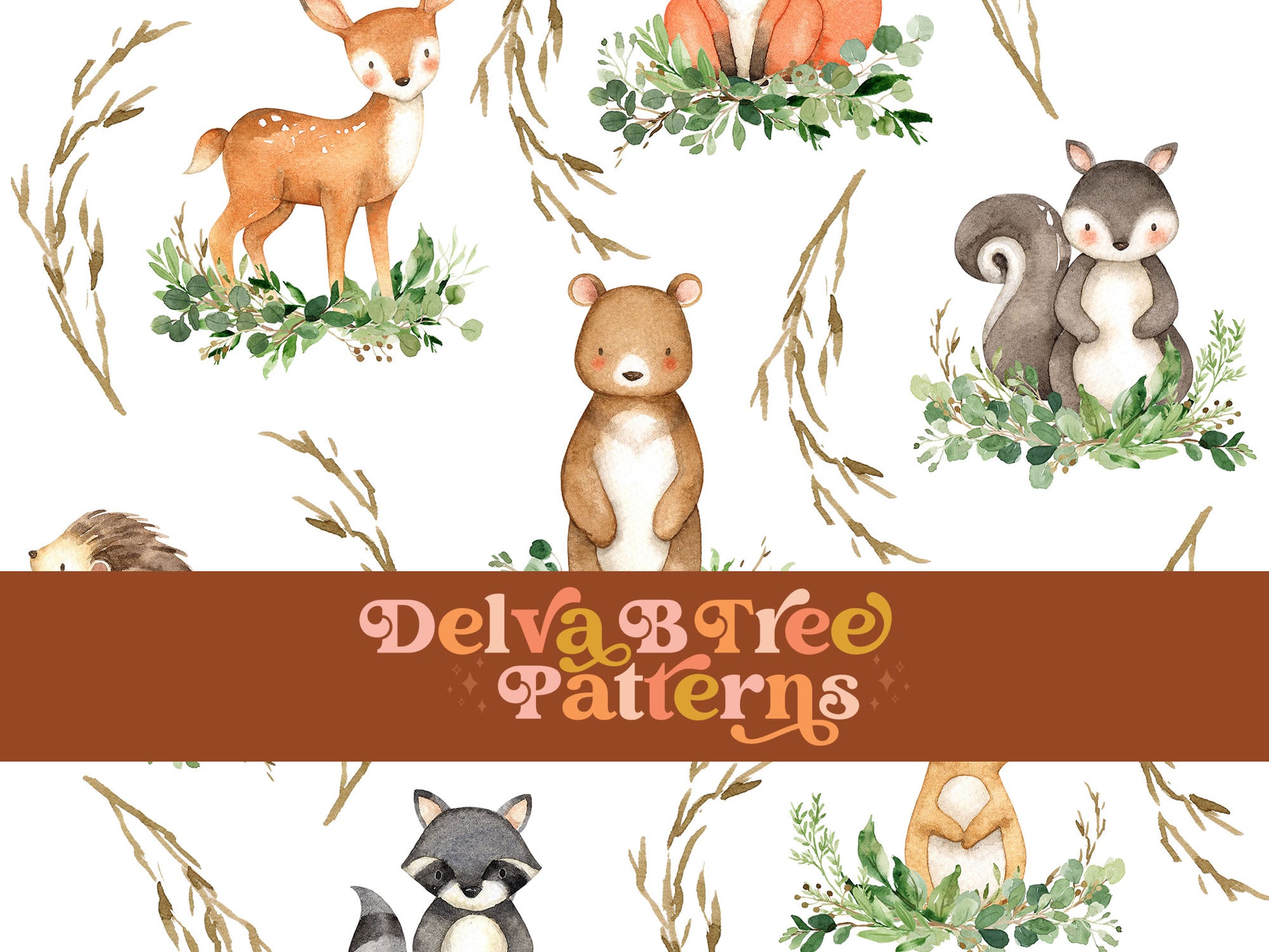 Watercolor Woodland Animals and botanical greenery eucalyptus leaves and tree branches seamless pattern digital file for small shops that make handmade products in small batches.