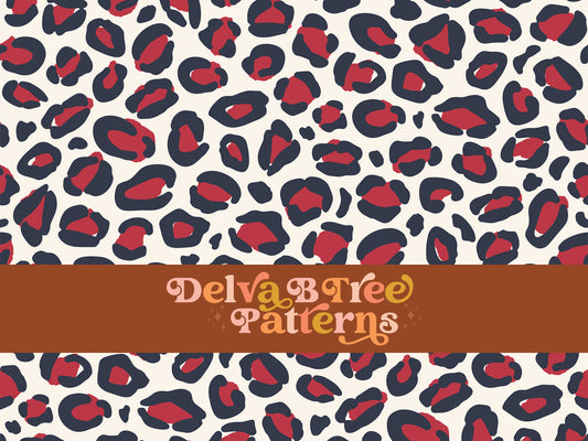 Red, off white and blue leopard seamless file for fabric printing. Animal Skin Leopard Print Repeat Pattern for textiles, polymailers, baby boy lovey blankets, nursery crib bedding, kids clothing, girls hair accessories, home decor accents, pet products.