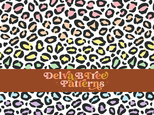 Multi colored pastel rainbow and black leopard seamless file for fabric printing. Animal Skin Leopard Print Repeat Pattern for textiles, polymailers, baby boy lovey blankets, nursery crib bedding, kids clothing, girls hair accessories, home decor accents, pet products.