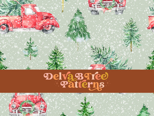 Watercolor vintage style Christmas Tree Truck seamless pattern digital file for small shops that make handmade products in small batches.